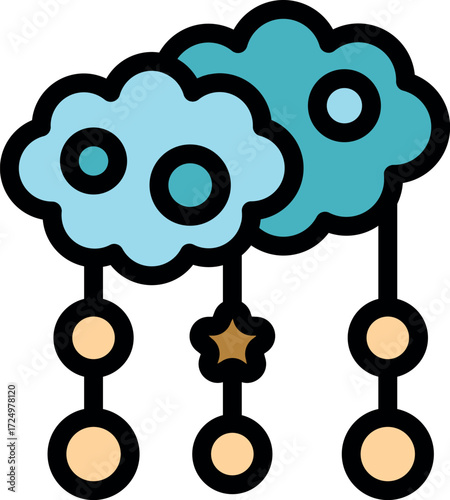 Colorful baby mobile with hanging clouds, stars, and balls, creating a calming atmosphere for newborns