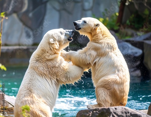 Two polar bears playfully wrestling by a water feature