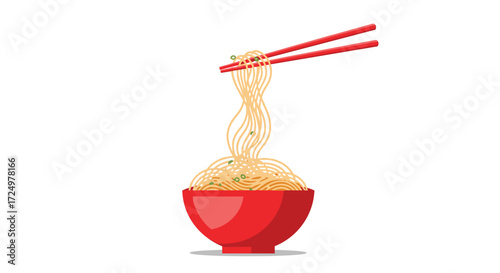 Delicious steaming hot noodles are being lifted by chopsticks from a red bowl.