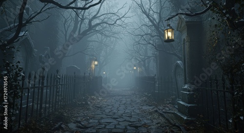 Mist and Shadows on a Spooky Graveyard Path with Lantern Light at Night