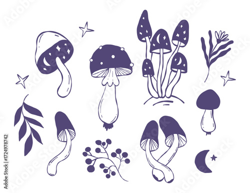 Magic Mushroom Doodles. Mystical Creepy, Space Fungi, fly agaric. Forest edible and poisonous, flower, plants and berry Sketch. Isolated Textured Hand Drawn on White. Vector Illustration. Not AI