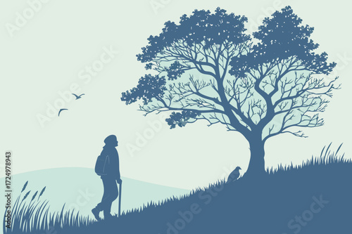 Hiker and Large Tree Silhouette on Grassy Hill Vector