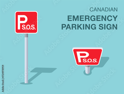 Traffic regulation rules. Isolated canadian "emergency parking" road sign. Front and top view. Flat vector illustration template.