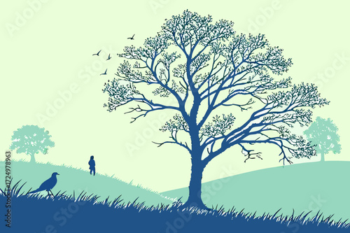 Monochrome Landscape: Large Tree Silhouette and Flying Birds Vector
