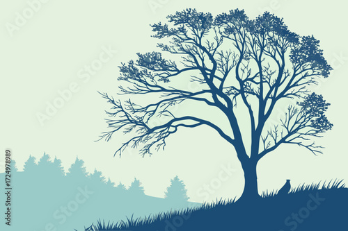 Bald Eagle Perched on Branch with Mountain Landscape Vector