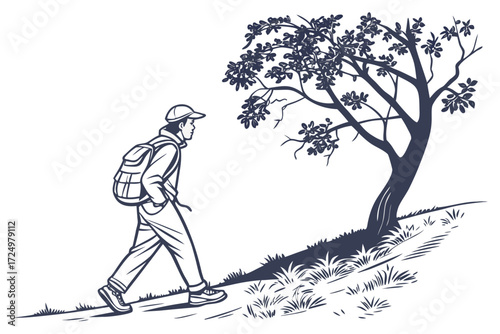 Monochrome Tree with Leaves and Perched Bird Vector Art
