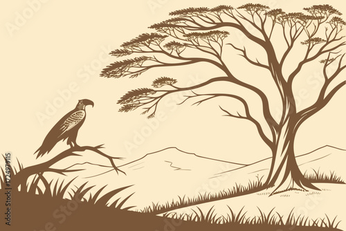 Monochrome Raptor on Grassy Hill Vector Line Art