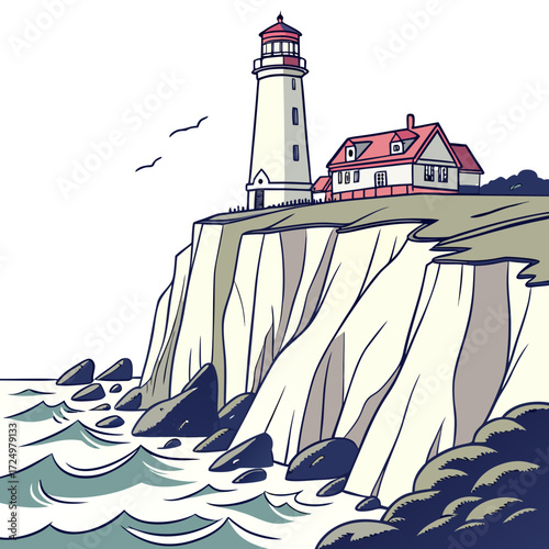A charming cartoon illustration of a lighthouse and keeper s house perched atop a dramatic coastal cliff overlooking the ocean with waves and rocks