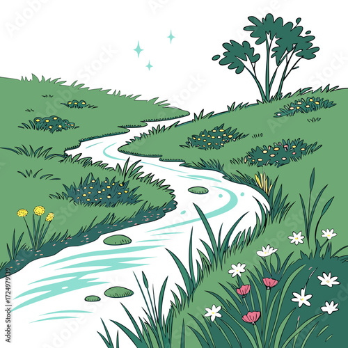 A charming hand drawn illustration of a winding stream flowing through a lush green landscape with wildflowers and a single tree