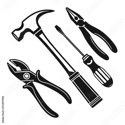A collection of black silhouette icons representing common hand tools including a hammer screwdriver pliers and cutters on a white background