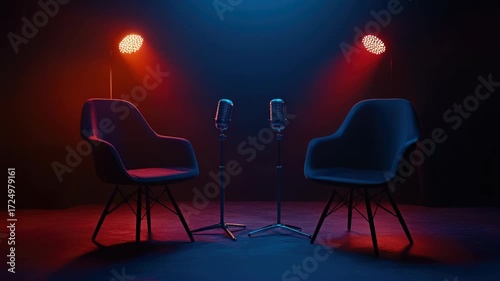 Minimalist black and white interior with chairs, microphones, and professional recording equipment for conducting interviews or podcasts.