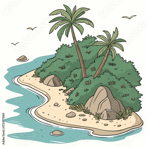 A charming cartoon illustration of a small tropical island with palm trees lush green vegetation sandy beach and clear blue water