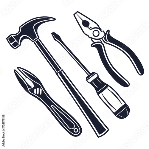 A collection of essential hand tools including a hammer adjustable wrench screwdriver and pliers arranged on a white background