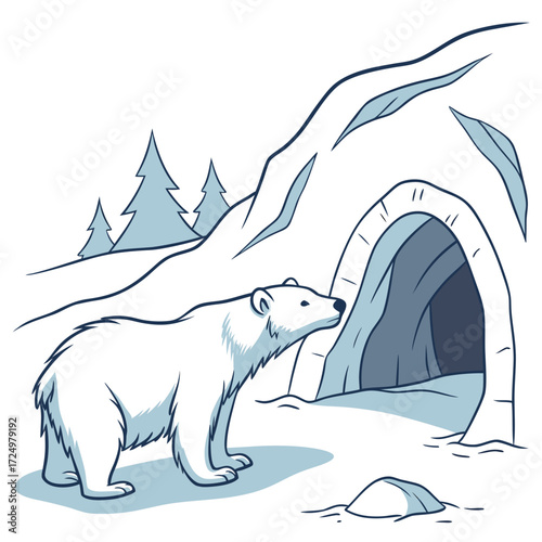 A curious polar bear approaches an icy cave entrance in a snowy arctic landscape with pine trees