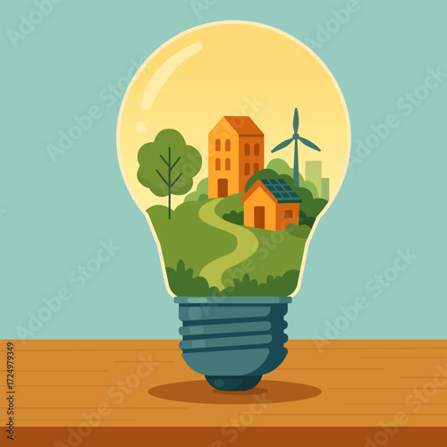 Vector illustration of an eco city inside a light bulb with houses, trees, solar panels and a wind turbine. Concept of renewable energy, green living, sustainability and clean technology.