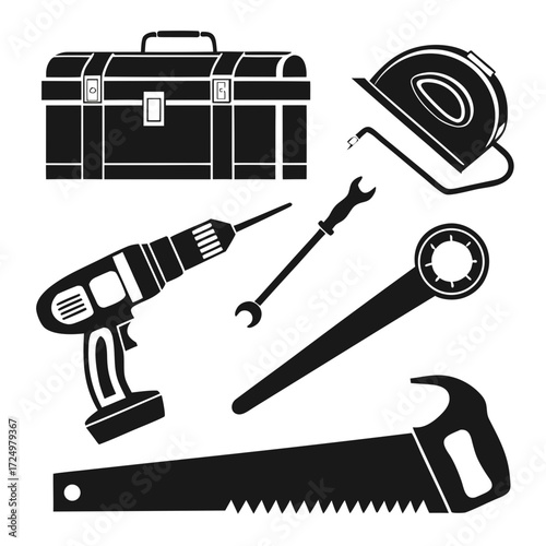 Collection of black silhouette construction and repair tools including a toolbox hard hat drill wrenches and saw