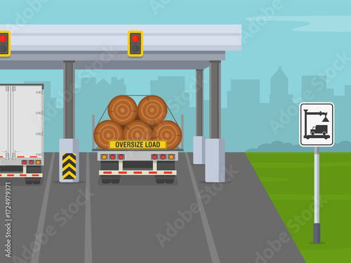 Traffic regulation and driving tips. Back view of a semi trailer and logging truck at inspection station. Truck inspection station area. Flat vector illustration template.