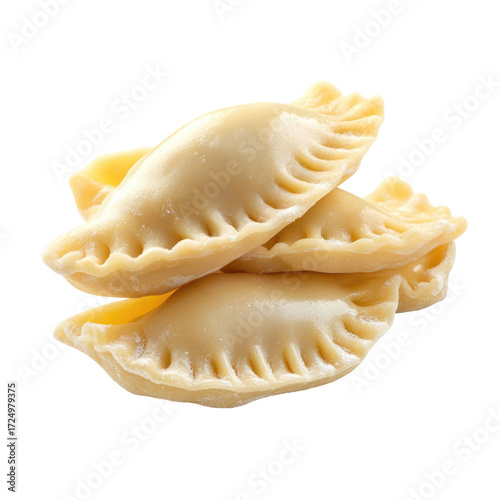 Three uncooked pierogi dumplings isolated on transparent background