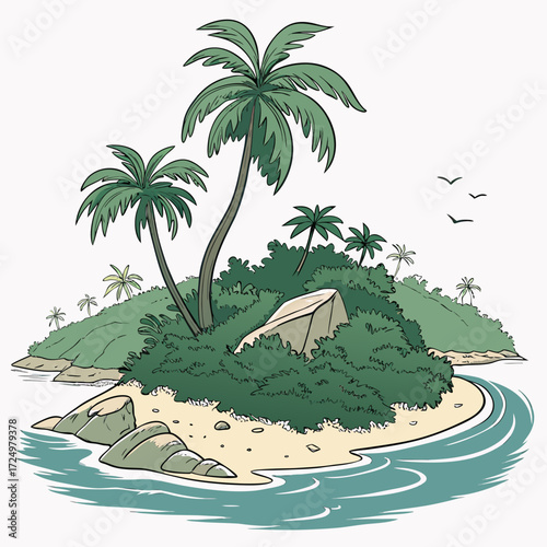 A vibrant cartoon illustration of a lush tropical island paradise with palm trees rocks and clear blue ocean waves
