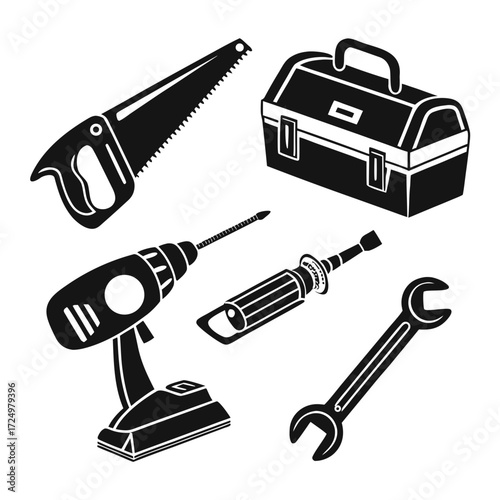 Collection of black silhouette icons representing various hand tools and a toolbox on a white background