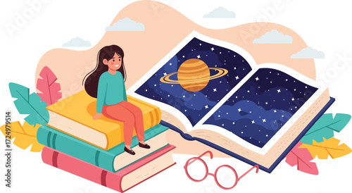 Young girl exploring the cosmos through reading, immersed in a world of imagination and knowledge, with an open book revealing the wonders of space and planets