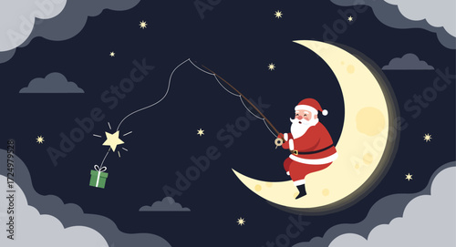 Santa Claus gracefully sits on a crescent moon, patiently fishing for a magical glowing star and a festive gift box in the serene, dark night sky, depicted in a charming vector illustration