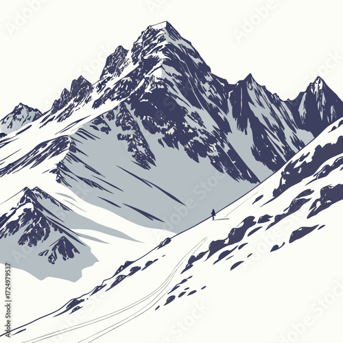 Lone skier descends a vast snow covered mountain range under a clear sky with dramatic peaks