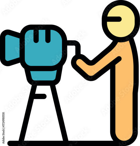 Cameraman adjusting professional video camera settings, preparing for filming or live streaming