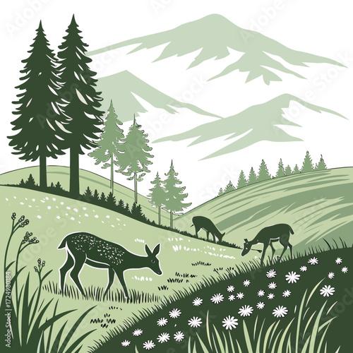 Serene mountain landscape with deer grazing amidst wildflowers and evergreen trees