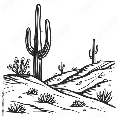 Stylized black and white illustration of a desert landscape with saguaro cacti and rolling hills under a clear sky