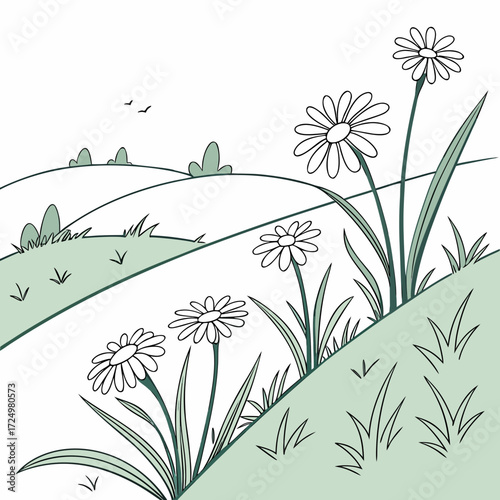 Simple cartoon illustration of a rolling green landscape with daisies and birds flying in the sky