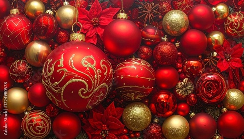 Christmas baubles in red and gold, glittery textures, festive close-up