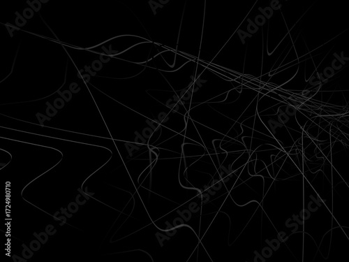 Gradient black tangled thread background. Abstract pen stroke vector illustration, on black background. Hand drawn tangled doodle. Vector illustration isolated on black background.