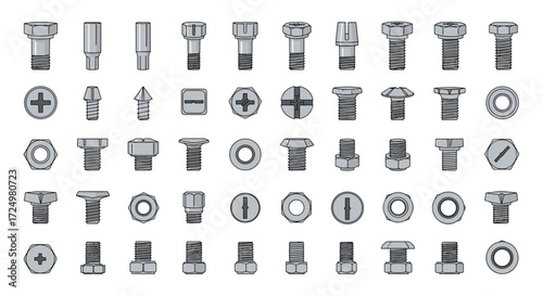 A collection of various fasteners and hardware components for engineering and construction projects.
