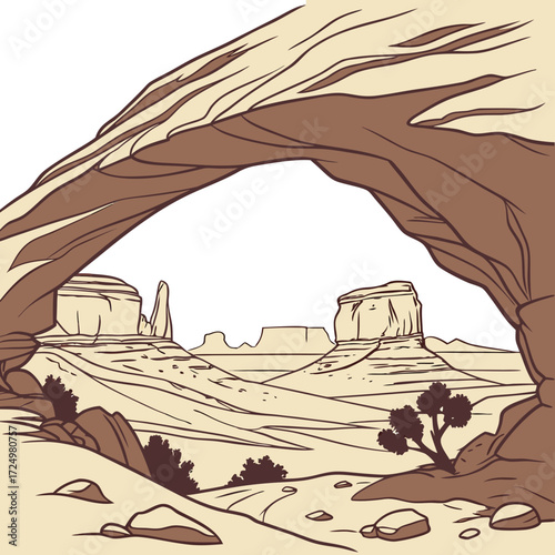 Stylized desert landscape viewed through a natural rock arch with mesas and buttes in the background