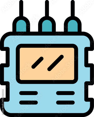 Electronic device with antennae transmitting signals, featuring a screen and buttons, potentially used for communication or data transfer