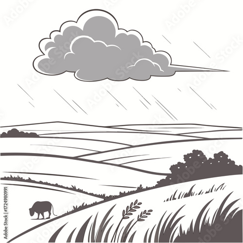 Stylized illustration of a dark storm cloud raining over rolling hills and a solitary cow grazing in a field