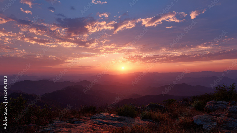 Fototapeta premium Serene sunset over mountainous landscape with vibrant clouds illuminated by golden light, creating a peaceful and tranquil atmosphere in nature.