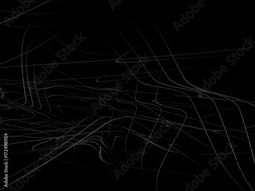 Gradient black tangled thread background. Abstract pen stroke vector illustration, on black background. Hand drawn tangled doodle. Vector illustration isolated on black background.