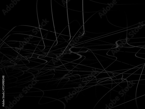 Gradient black tangled thread background. Abstract pen stroke vector illustration, on black background. Hand drawn tangled doodle. Vector illustration isolated on black background.