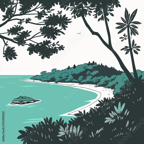 Stylized illustration of a serene tropical coastline with lush green trees and turquoise ocean water