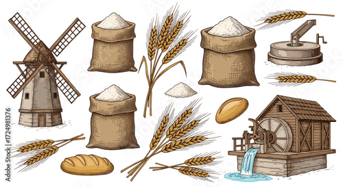 A collection of vintage illustrations depicting a rural agricultural scene with a windmill a watermill and sacks of grain and bread.