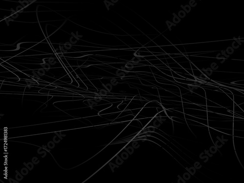 Gradient black tangled thread background. Abstract pen stroke vector illustration, on black background. Hand drawn tangled doodle. Vector illustration isolated on black background.