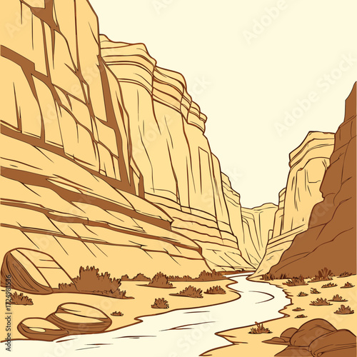 Stylized illustration of a winding river flowing through a vast desert canyon with layered rock formations and sparse vegetation