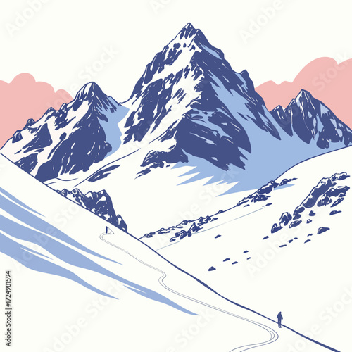 Stylized illustration of majestic snow capped mountains with skiers descending a slope under a soft pink sky