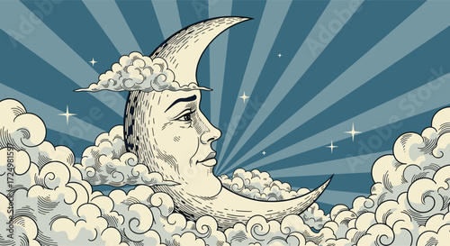 A celestial face emerges from the crescent moon surrounded by clouds and emanating light.