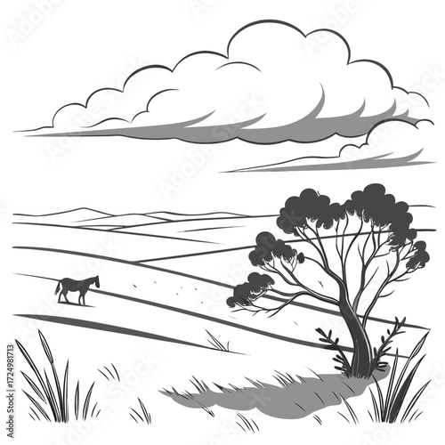 Stylized monochrome illustration of a lone horse grazing in a vast landscape under a dramatic cloudy sky