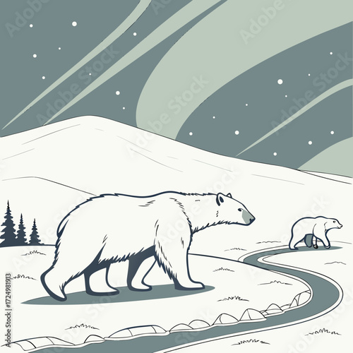Two polar bears walk across a snowy landscape under the beautiful glow of the aurora borealis