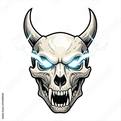 Vector illustration of a ferocious demon skull with glowing electric eyes and prominent horns, perfect for a team mascot or tattoo design
