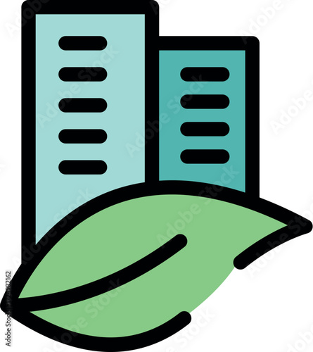 Green leaf supporting modern buildings, symbolizing eco conscious urban development and sustainable architecture